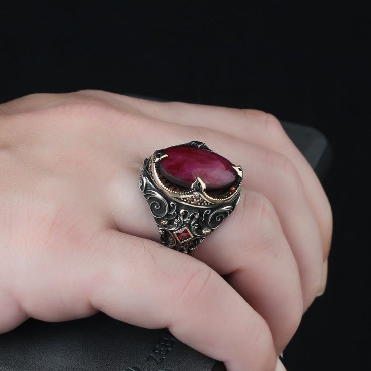 Adjunto Ruby Stone Men Silver Ring, 925 Sterling Silver Ruby Gemstone Ring, Handmade Engraved Turkish Silver Ring With Natural Ruby Stone - Etsy.jfif